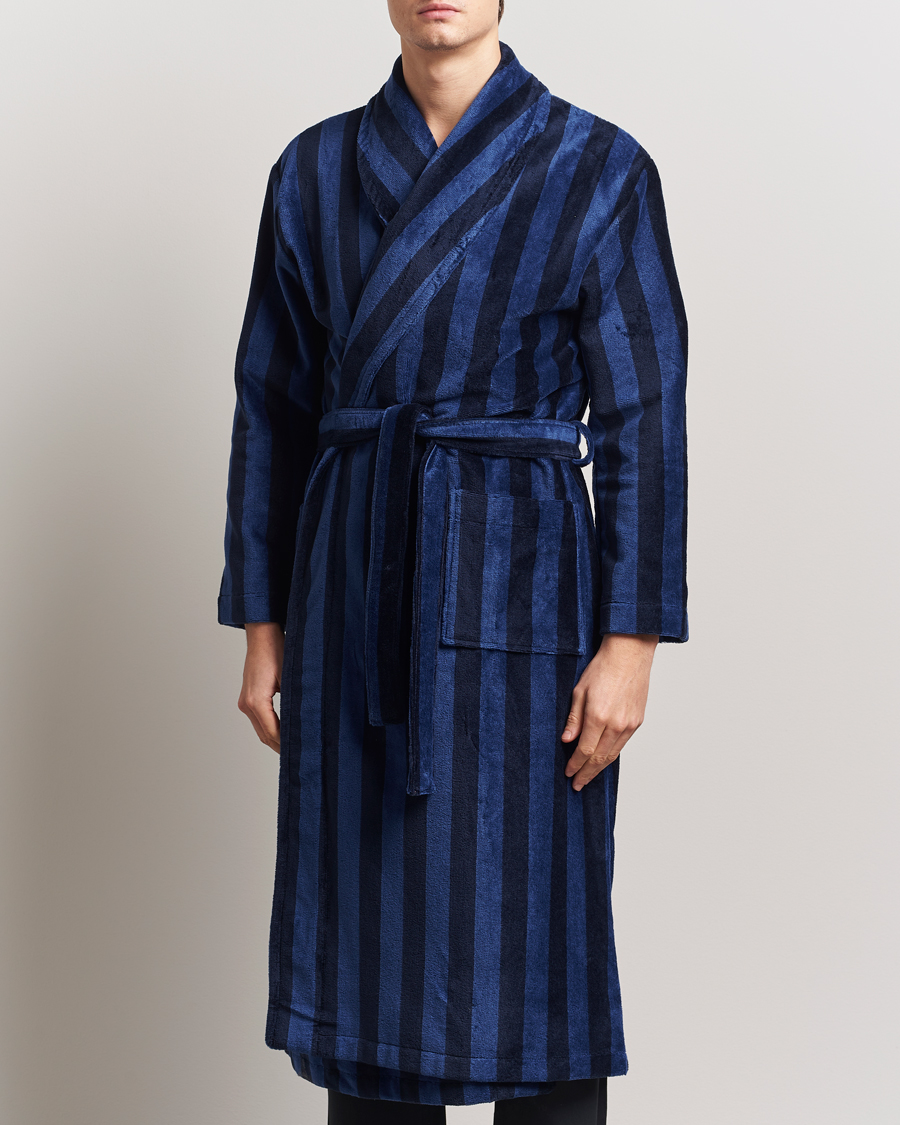 Homme | Derek Rose Cotton Velour Striped Gown Navy/Blue | Derek Rose | Cotton Velour Striped Gown Navy/Blue