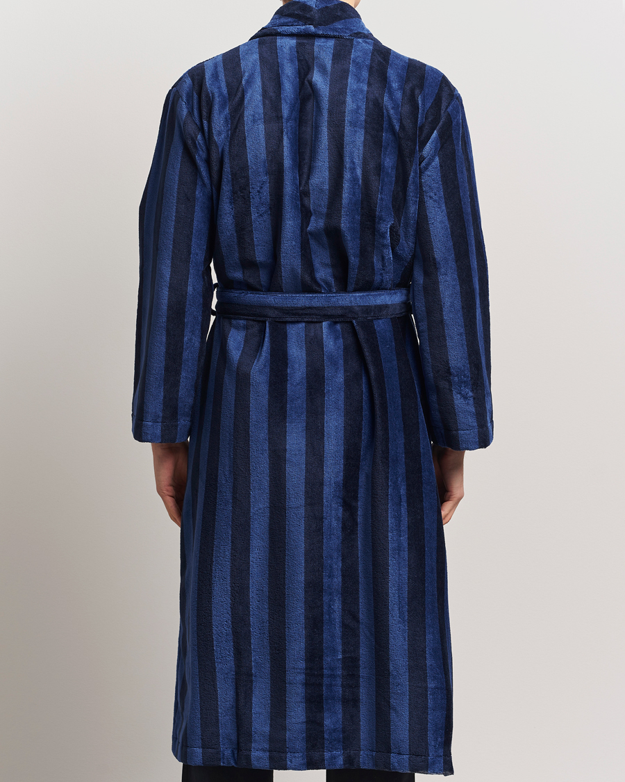 Homme | Derek Rose Cotton Velour Striped Gown Navy/Blue | Derek Rose | Cotton Velour Striped Gown Navy/Blue