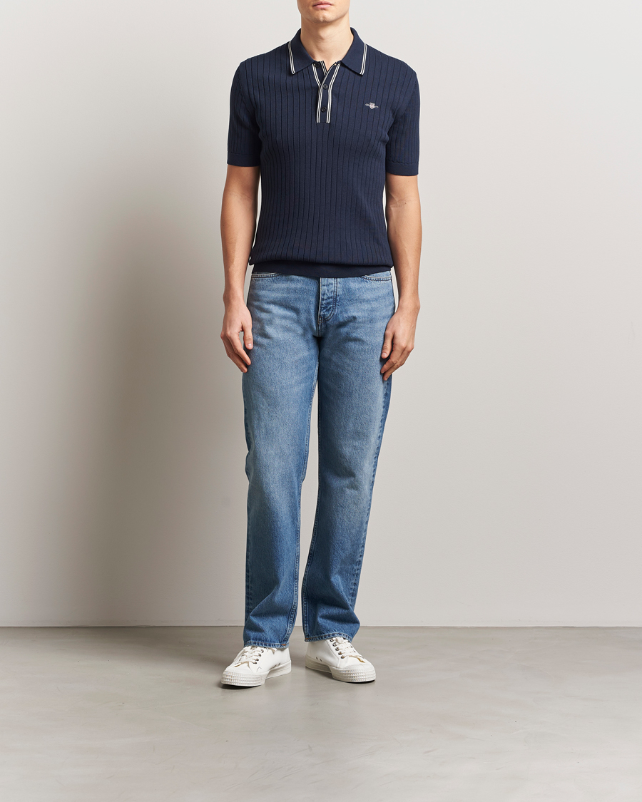 Heren | Polo's | GANT | Ribbed Cotton Knitted Polo Evening Blue