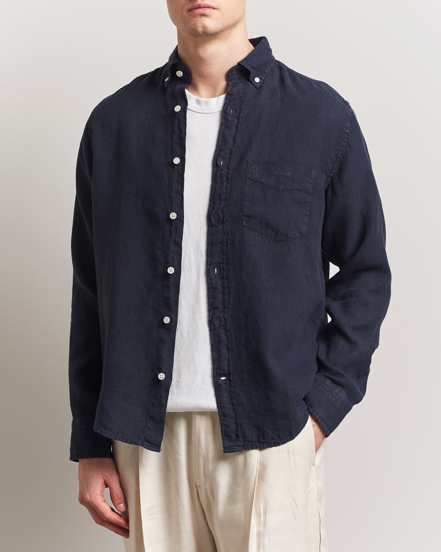 Heren | Overhemden | Gant | Regular Fit Garment Dyed Linen Shirt Evening Blue