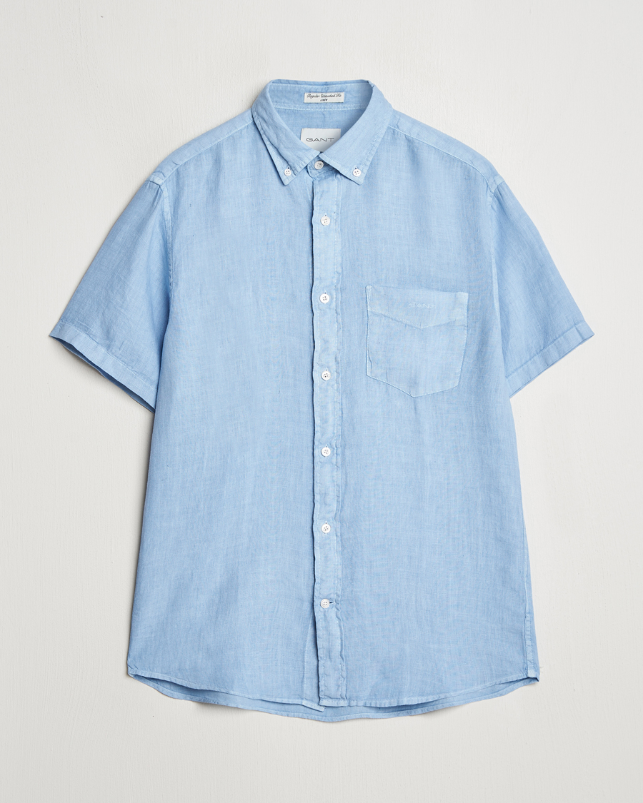 Homme | Chemises | Gant | Regular Fit Garment Dyed Short Sleeve Linen Shirt Capri Blue