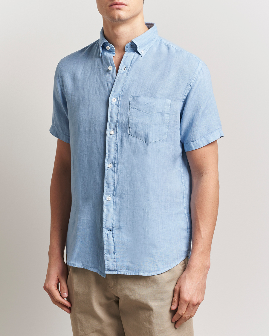 Homme | Chemises | Gant | Regular Fit Garment Dyed Short Sleeve Linen Shirt Capri Blue