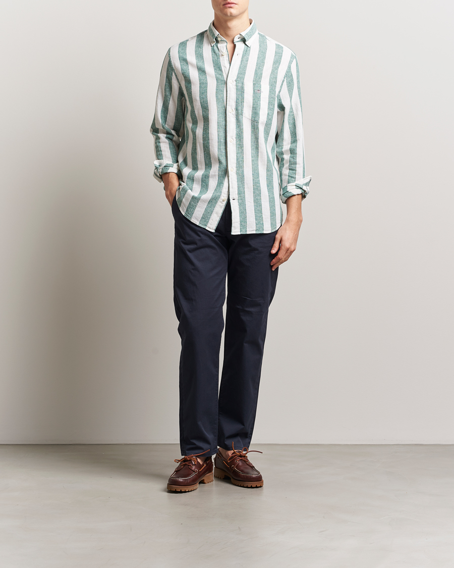 Heren | Overhemden | GANT | Cotton/Linen Wide Striped Shirt Woody Green
