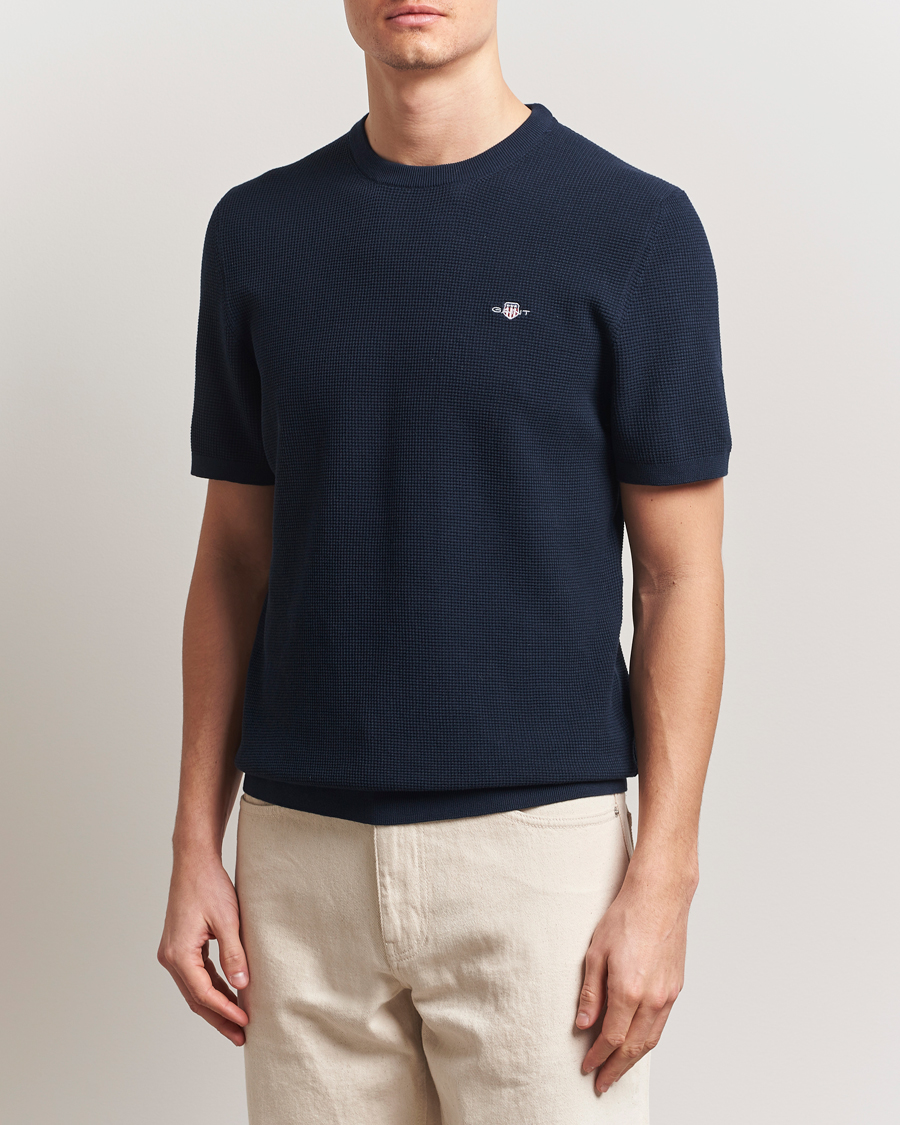 Heren | T-shirts | GANT | Micro Textured Crew Neck T-shirt Evening Blue
