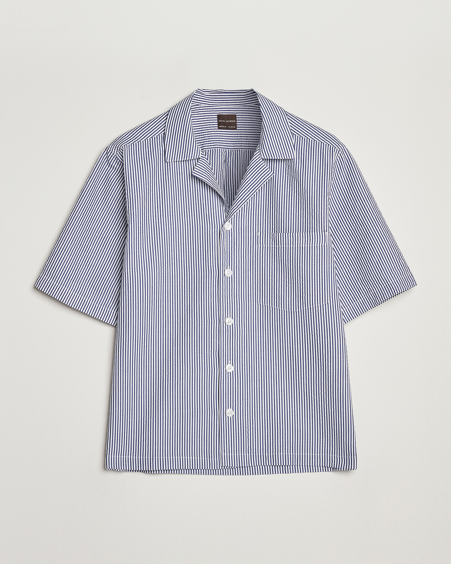 Heren | Overhemden | Oscar Jacobson | Cuban Short Sleeve Seersucker Shirt Blue/White