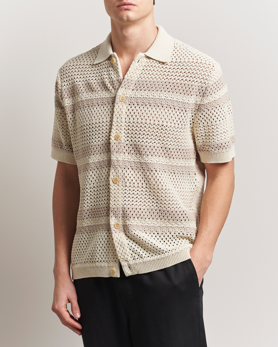 Homme | Chemises | LES DEUX | Gianni Striped Knitted Short Sleeve Shirt Ivory