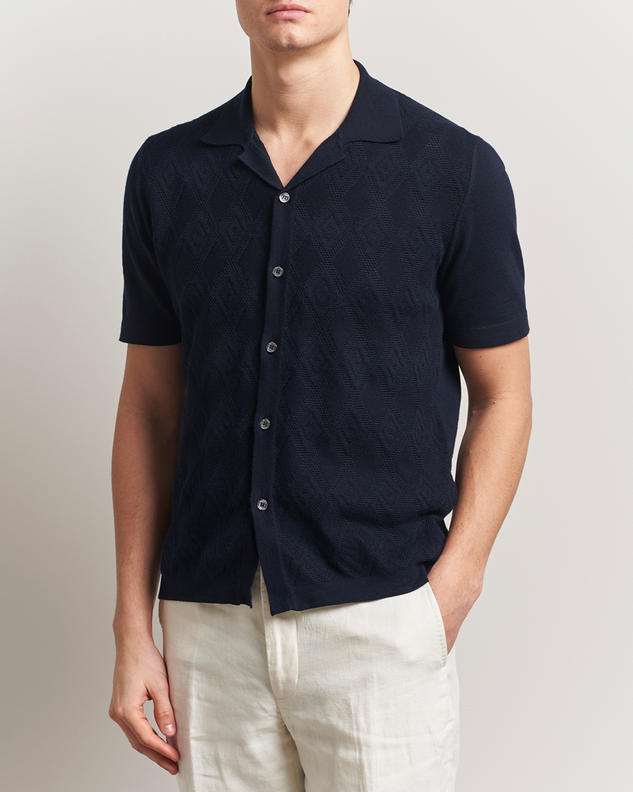 Heren | Overhemden | Altea | Jacquard Knit Camp Shirt Navy