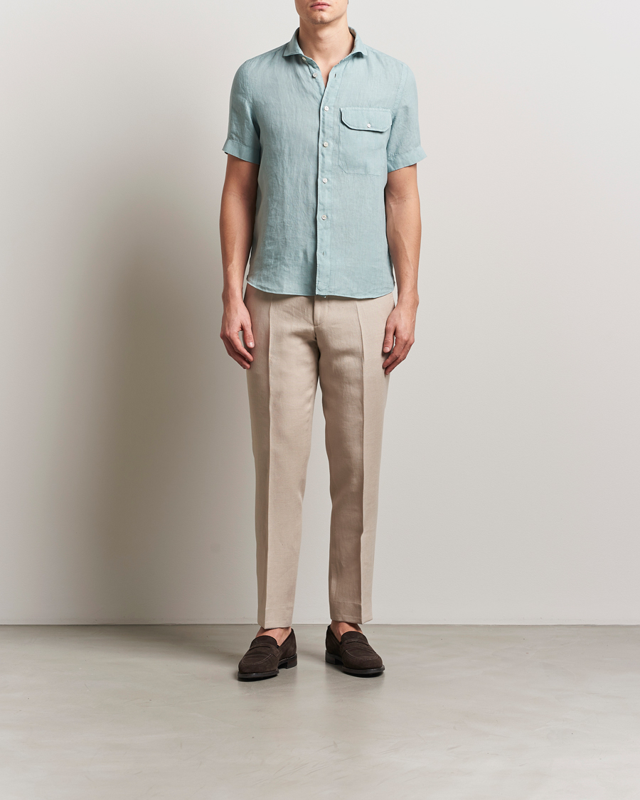 Heren | Overhemden | Finamore Napoli | Linen Short Sleeve Sport Shirt Teal