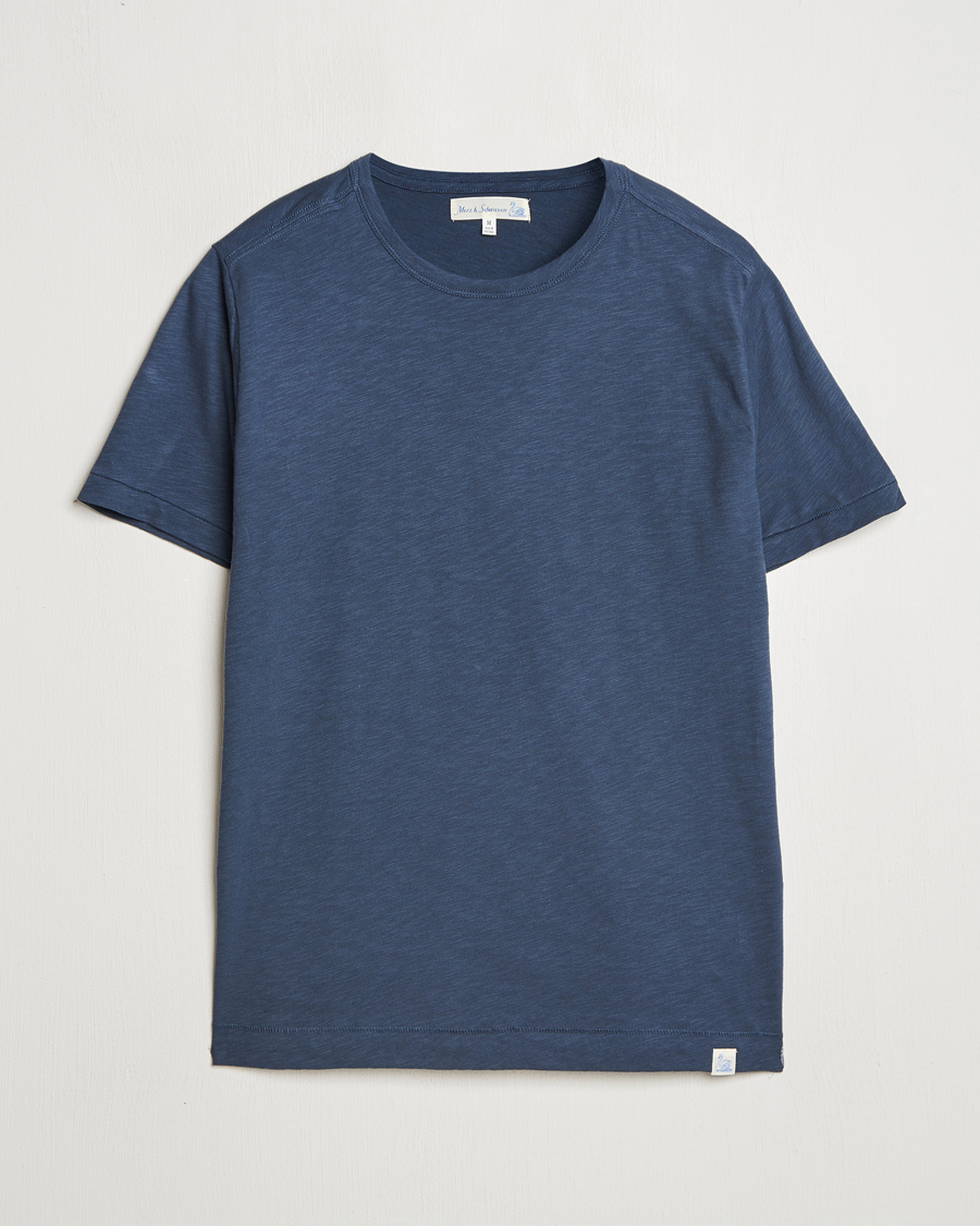 Heren | T-shirts | Merz b. Schwanen | Organic Pima Cotton Slub Crew Neck T-Shirt Denim Blue