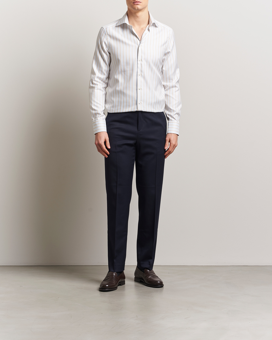 Heren | Overhemden | Stenströms | Slimline Multi Striped Twill Shirt Blue/Beige