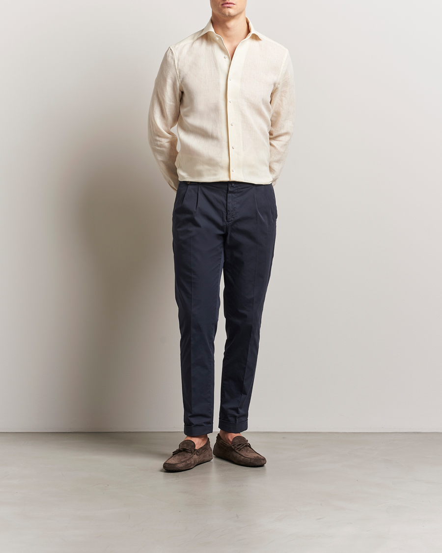 Heren | Overhemden | Stenströms | 1899 Slimline Linen One Piece Collar Shirt Yellow