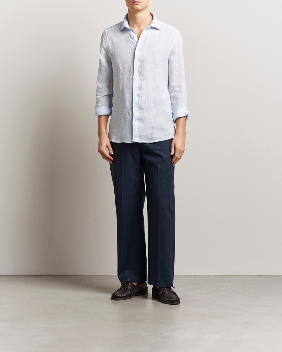 Heren | Overhemden | Stenströms | Slimline Cut Away Linen Shirt Light Blue