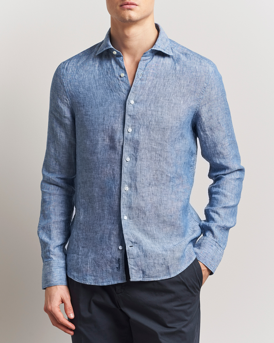 Heren | Overhemden | Stenströms | Slimline Cut Away Linen Shirt Mid Blue