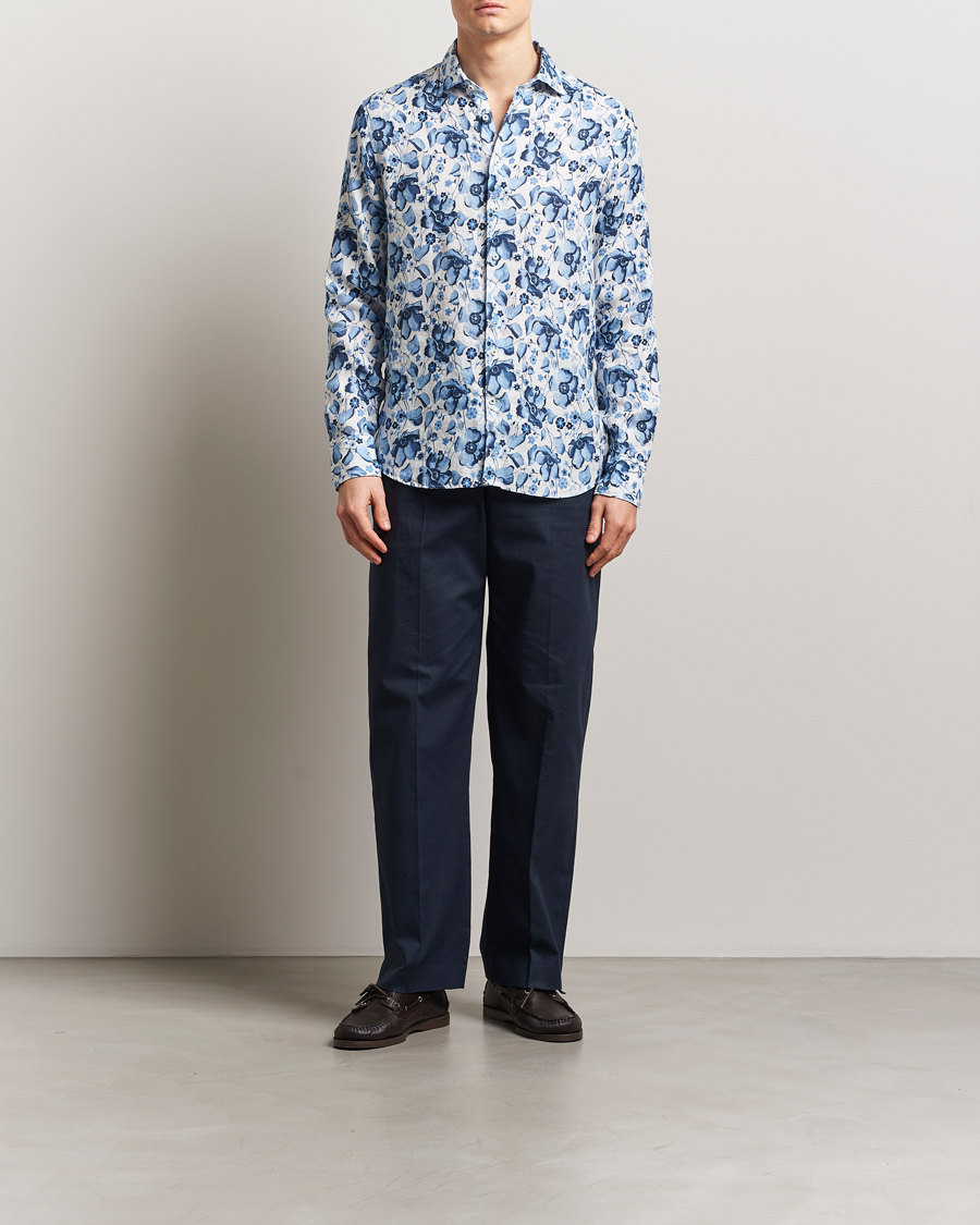 Heren | Overhemden | Stenströms | Fitted Body Flower Printed Linen Shirt Blue