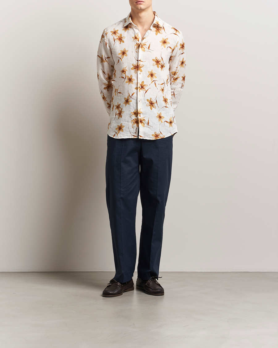 Heren | Overhemden | Stenströms | Fitted Body Flower Printed Linen Shirt White