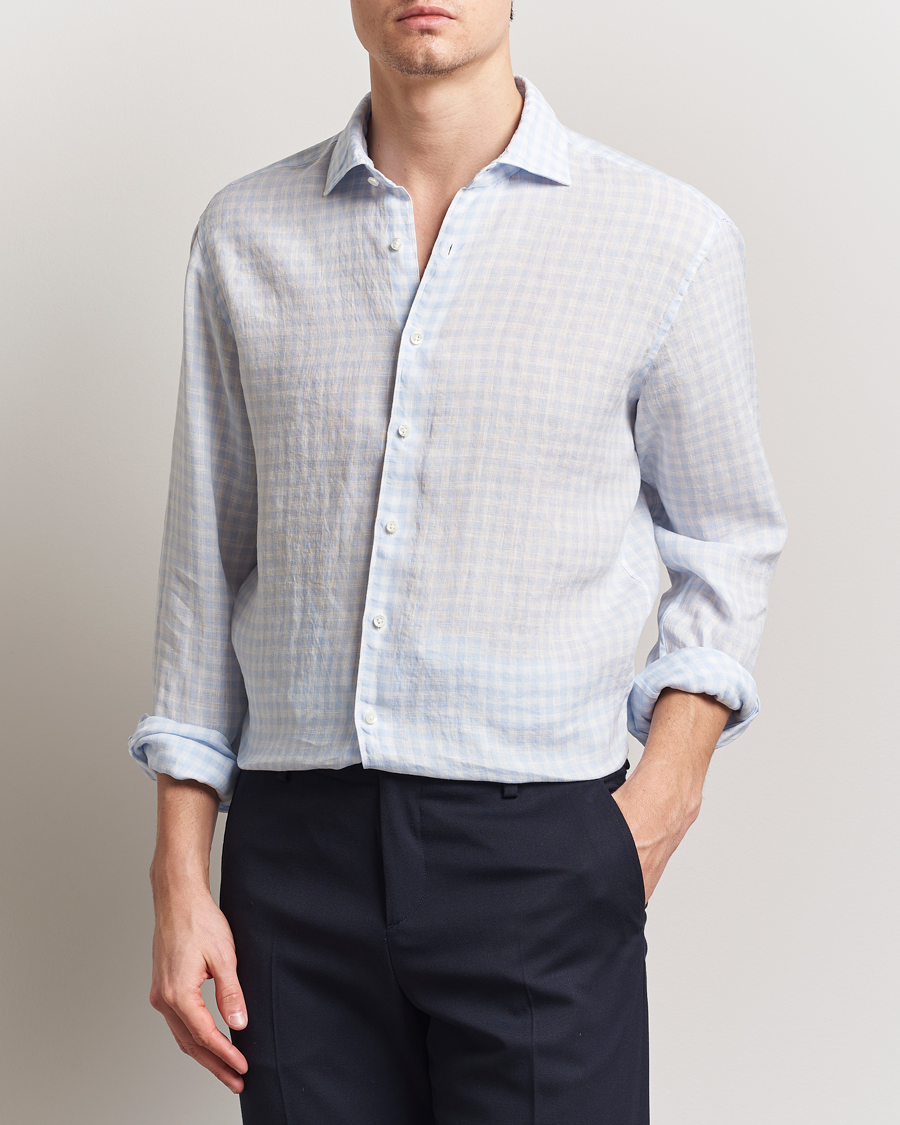 Heren | Overhemden | Stenströms | Fitted Body Checked Linen Shirt Blue