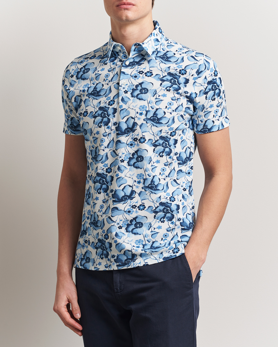 Heren | Polo's | Stenströms | Cotton Pique Printed Polo Shirt Blue