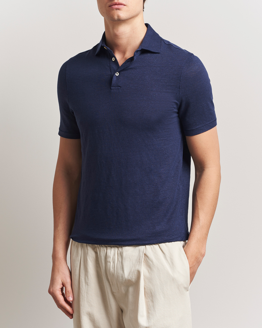 Homme | Polos | Stenströms | Linen Polo Shirt Navy