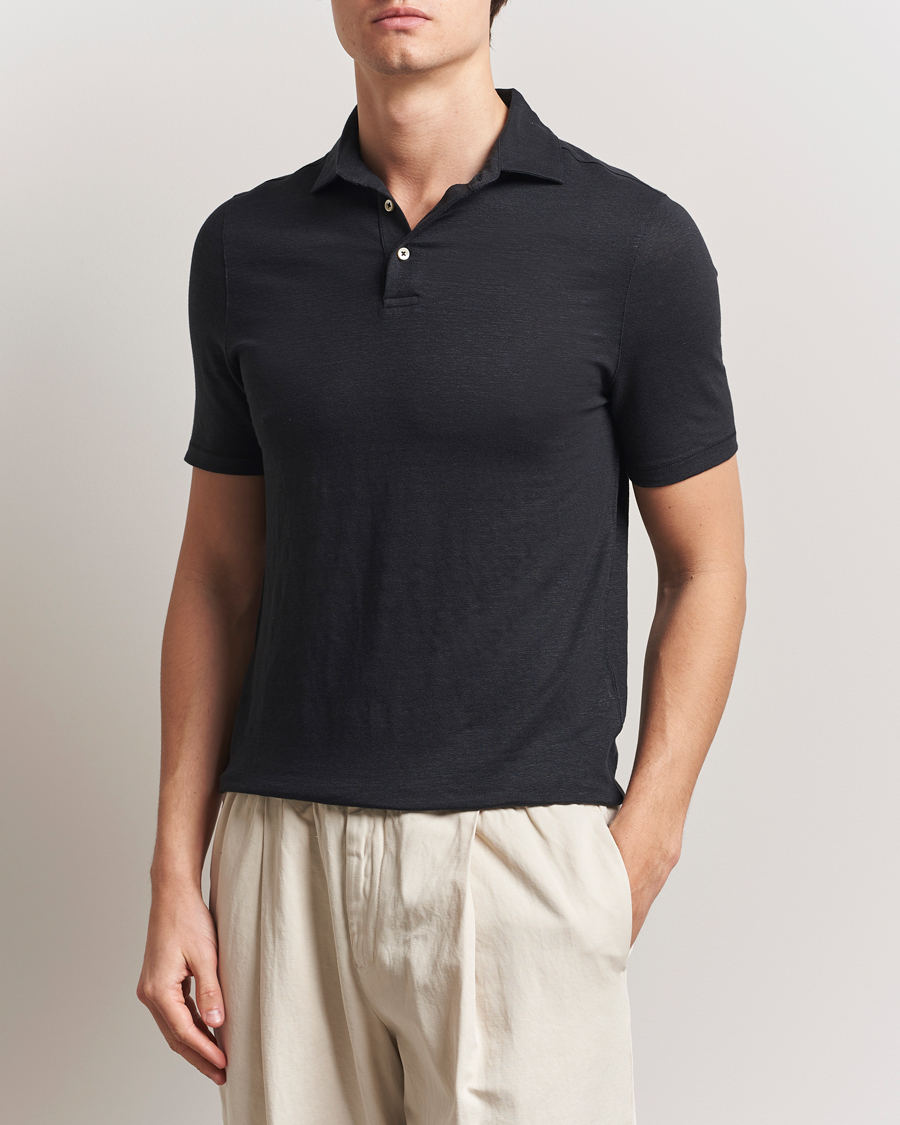 Heren | Polo's | Stenströms | Linen Polo Shirt Black