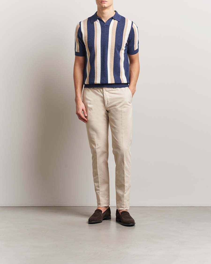 Heren | Polo's | Stenströms | Knitted Textured Striped Cotton/Hemp Polo Dark Blue