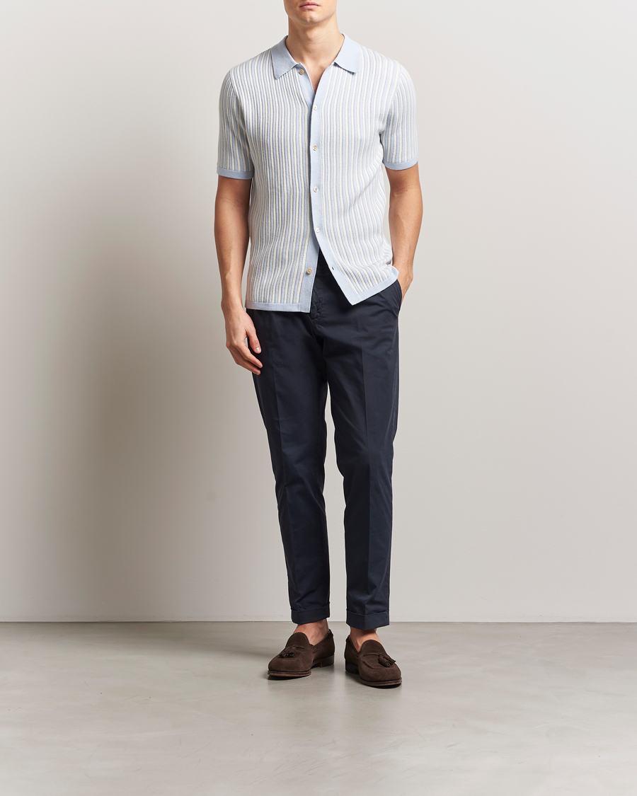 Heren | Overhemden | Stenströms | Knitted Buttonthru Polo Shirt White/Blue