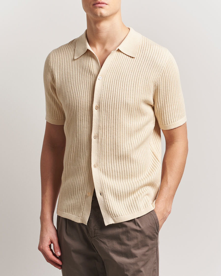 Heren | Overhemden | Stenströms | Knitted Buttonthru Polo Shirt Beige