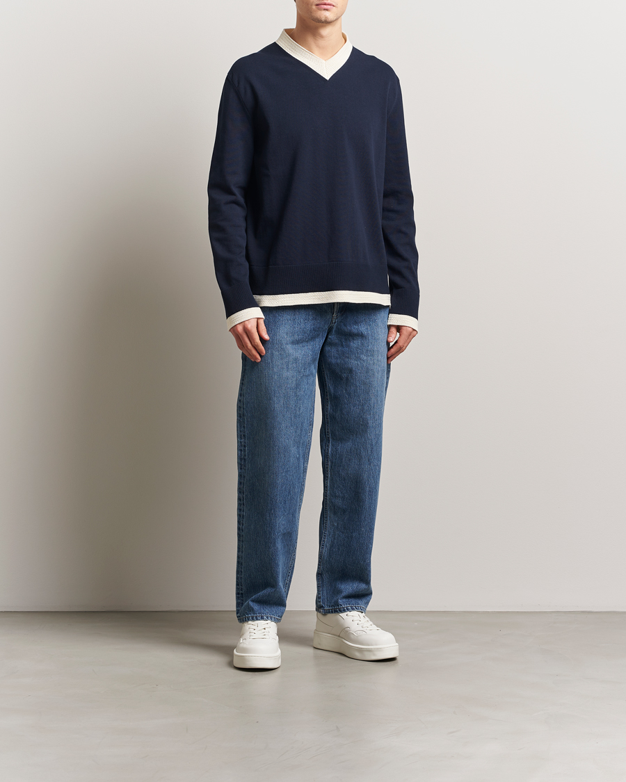 Heren | Truien | Jil Sander | Contrast Trim V-Neck Sweater Navy