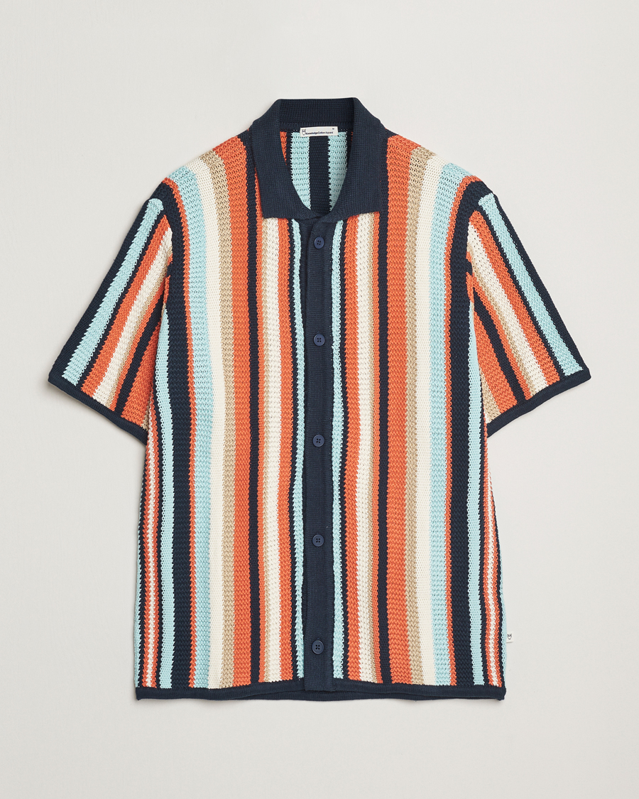 Heren | Overhemden | KnowledgeCotton Apparel | Knitted Multi Stripe Short Sleeve Shirt Blue