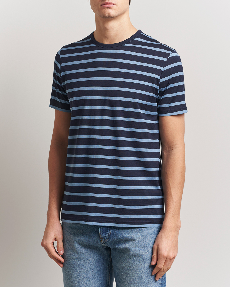 Homme | T-shirts | Sunspel | Striped Crew Neck Q82 Cotton T-Shirt Navy/Como Blue