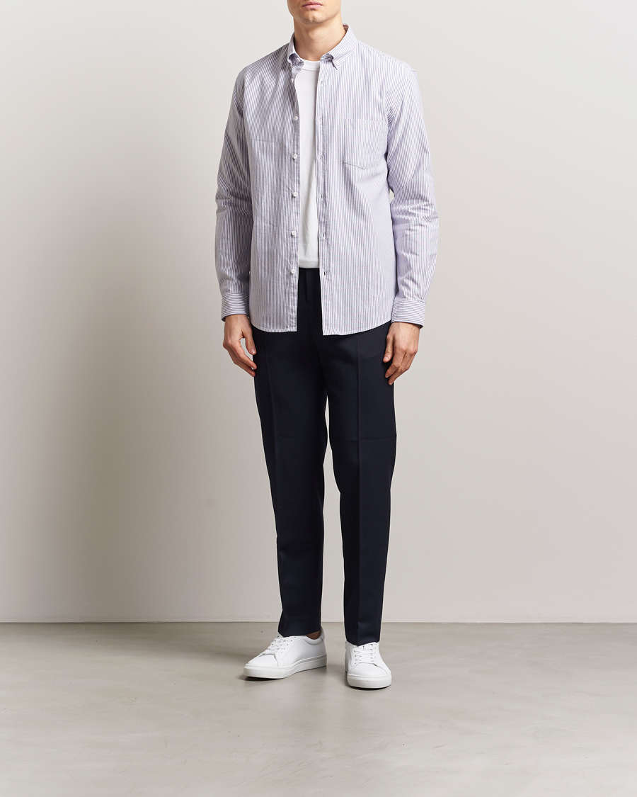 Heren | Overhemden | Sunspel | Striped Oxford Button Down Shirt White/Navy