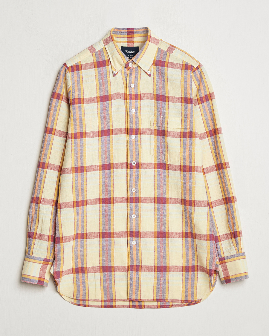 Heren | Overhemden | Drake's | Madras Cotton/Linen Button Down Shirt Yellow/Red/Navy