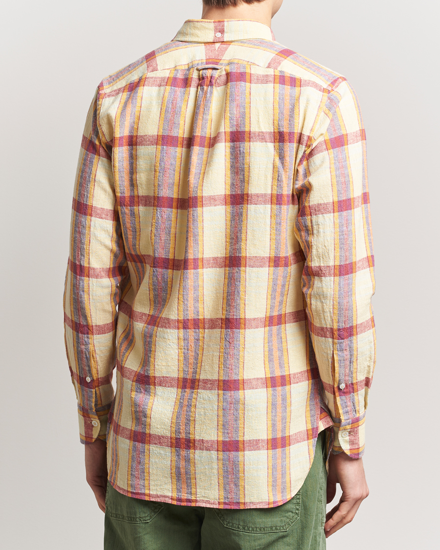 Heren | Overhemden | Drake's | Madras Cotton/Linen Button Down Shirt Yellow/Red/Navy
