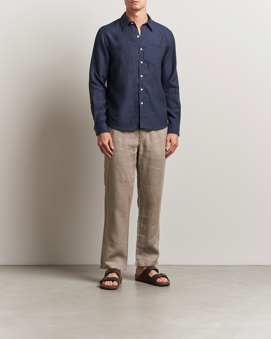 Heren | Overhemden | Colorful Standard | Garment Dyed Linen Shirt Navy Blue