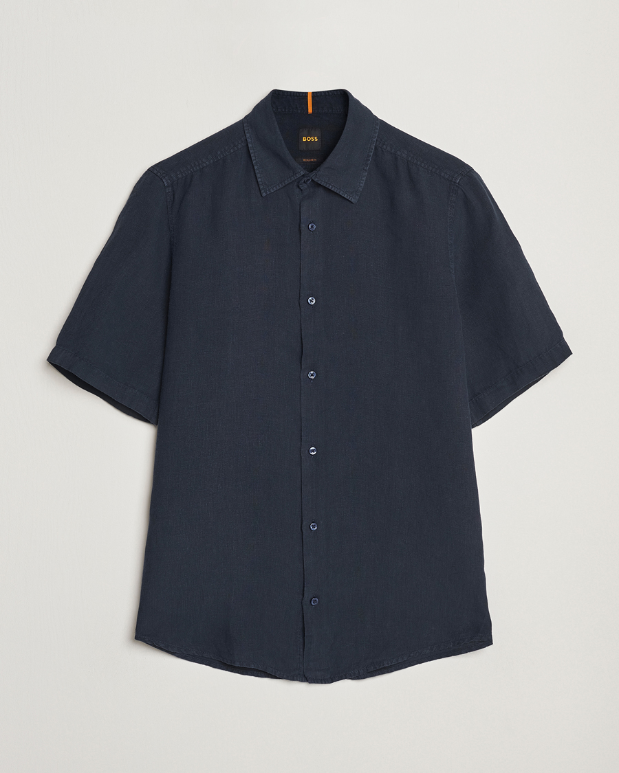 Heren | Overhemden | BOSS ORANGE | Rash Linen Short Sleeve Shirt Dark Blue