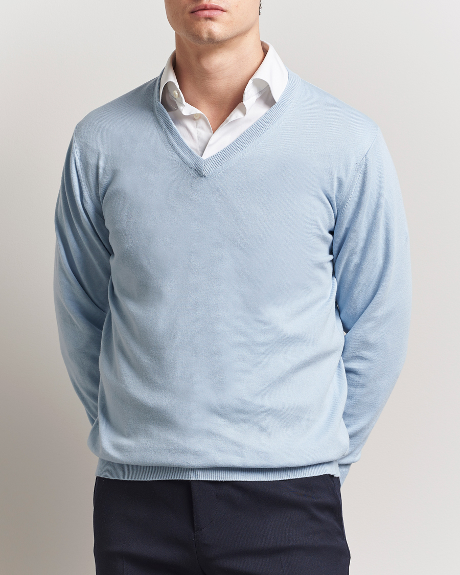 Heren | Truien | Morgano | Supersoft Egyptian Cotton V-Neck Light Blue
