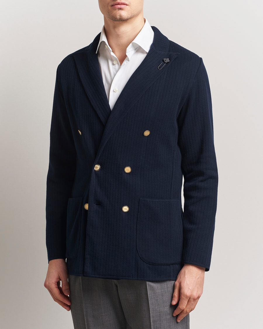 Homme | Blazers | Lardini | Double Breasted Knitted Cotton Blazer Navy