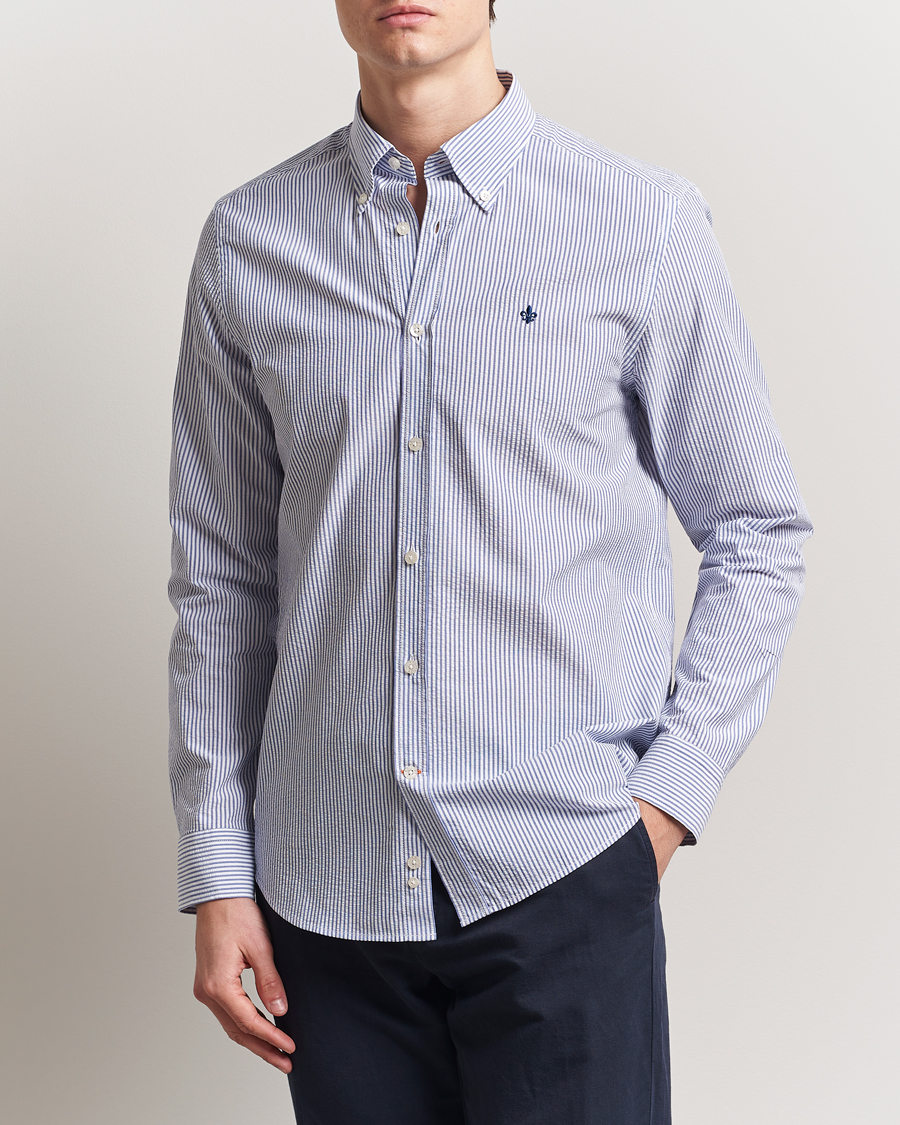 Heren | Overhemden | Morris | Slim Fit Striped Seersucker Shirt Old Blue