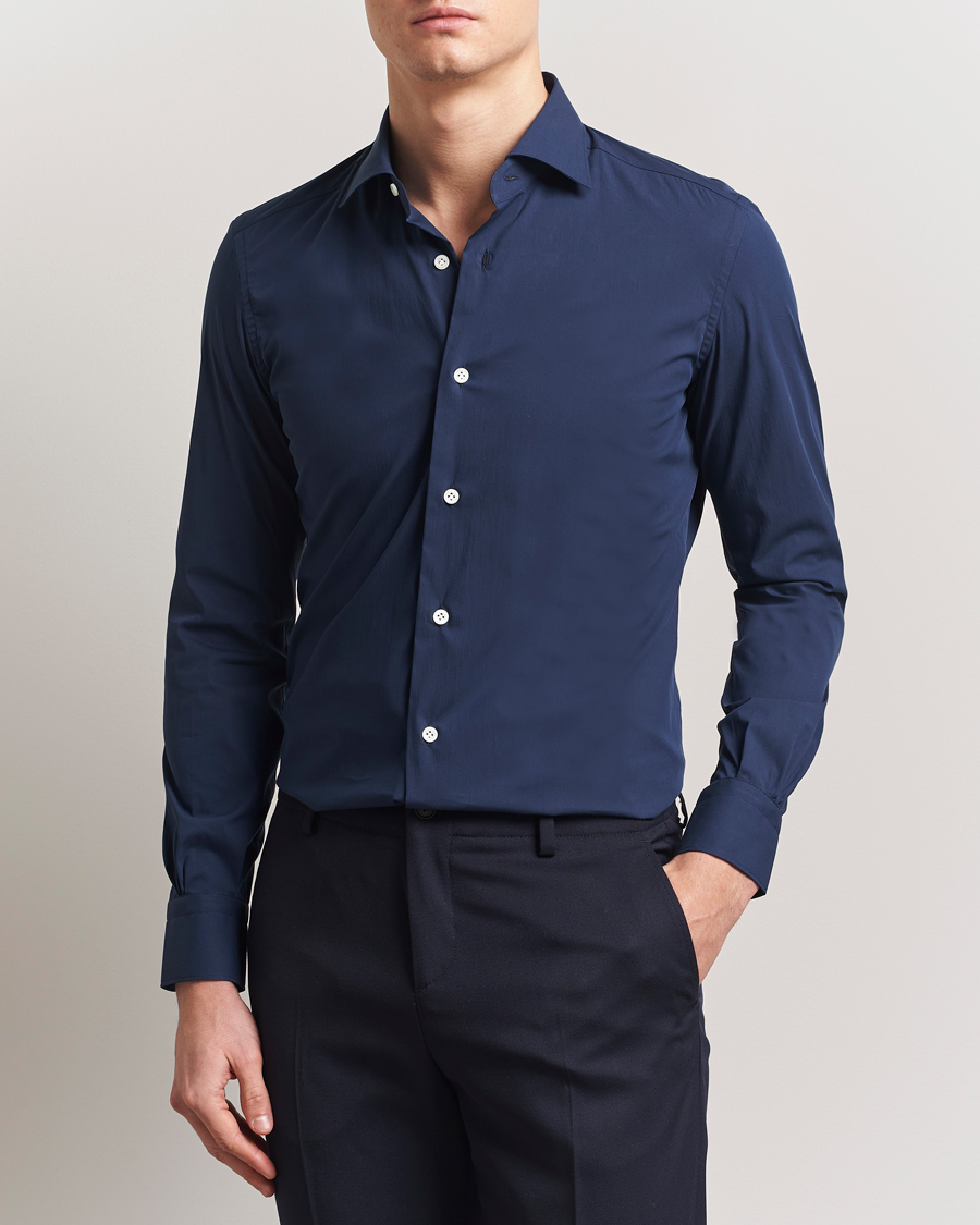 Heren | Overhemden | Mazzarelli | Soft Cotton/Stretch Cut Away Shirt Navy