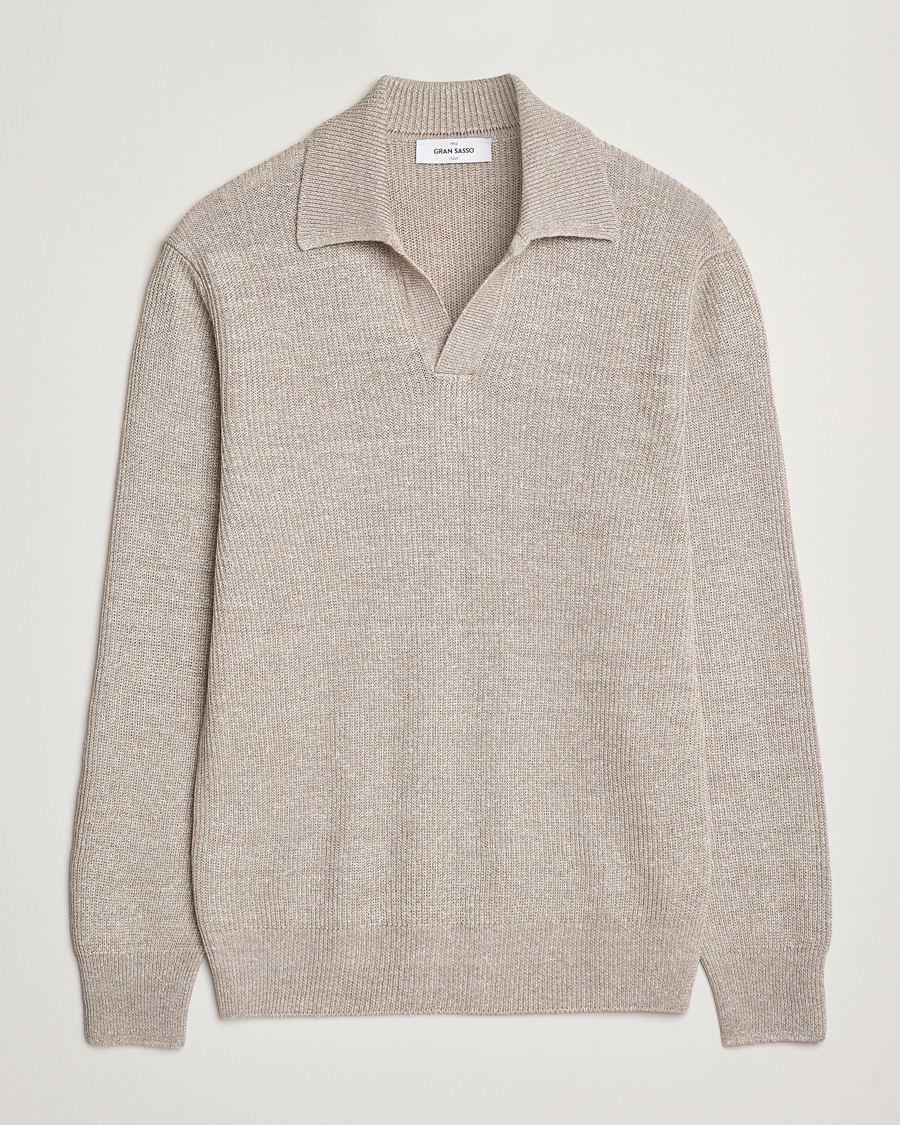 Homme | Pulls Et Tricots | Gran Sasso | Linen/Cotton Open Collar Knitted Polo Beige Melange