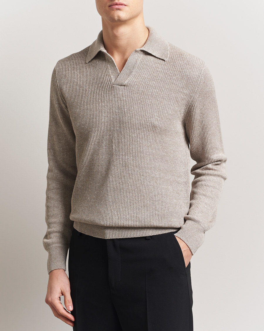 Homme | Pulls Et Tricots | Gran Sasso | Linen/Cotton Open Collar Knitted Polo Beige Melange