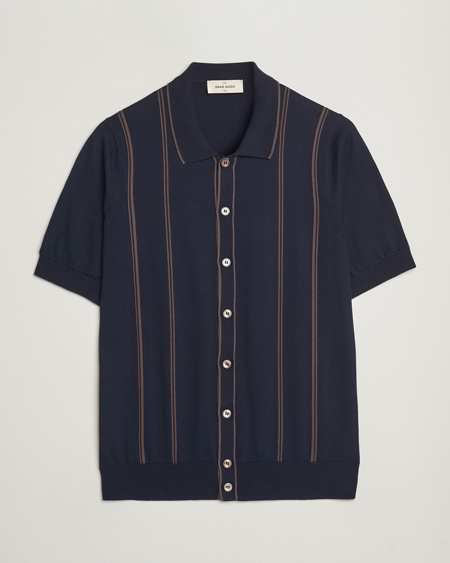 Homme | Chemises | Gran Sasso | Cotton Knitted Striped Short Sleeve Shirt Navy
