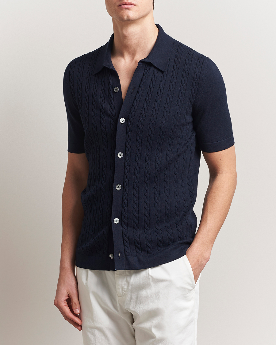 Heren | Overhemden | Gran Sasso | Cotton Cable Knitted Short Sleeve Shirt Navy