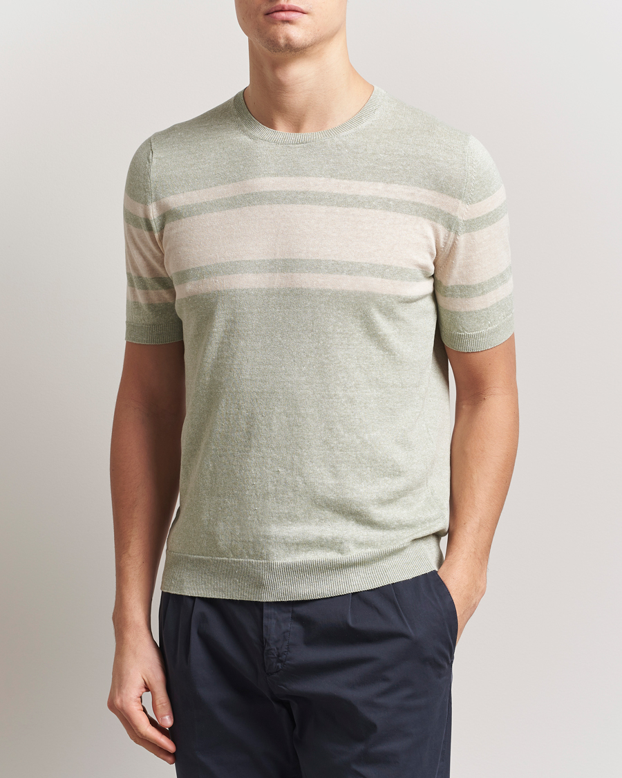 Heren | T-shirts | Gran Sasso | Linen/Cotton Striped Crew Neck T-Shirt Light Green