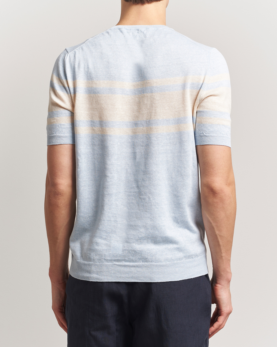 Heren | T-shirts | Gran Sasso | Linen/Cotton Striped Crew Neck T-Shirt Light Blue