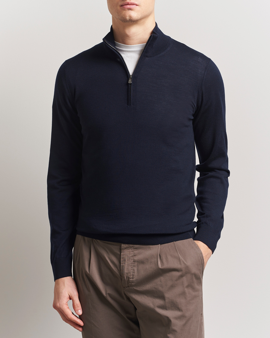 Heren | Truien | Piacenza Cashmere | Merino Wool Crew Neck Half Zip Navy