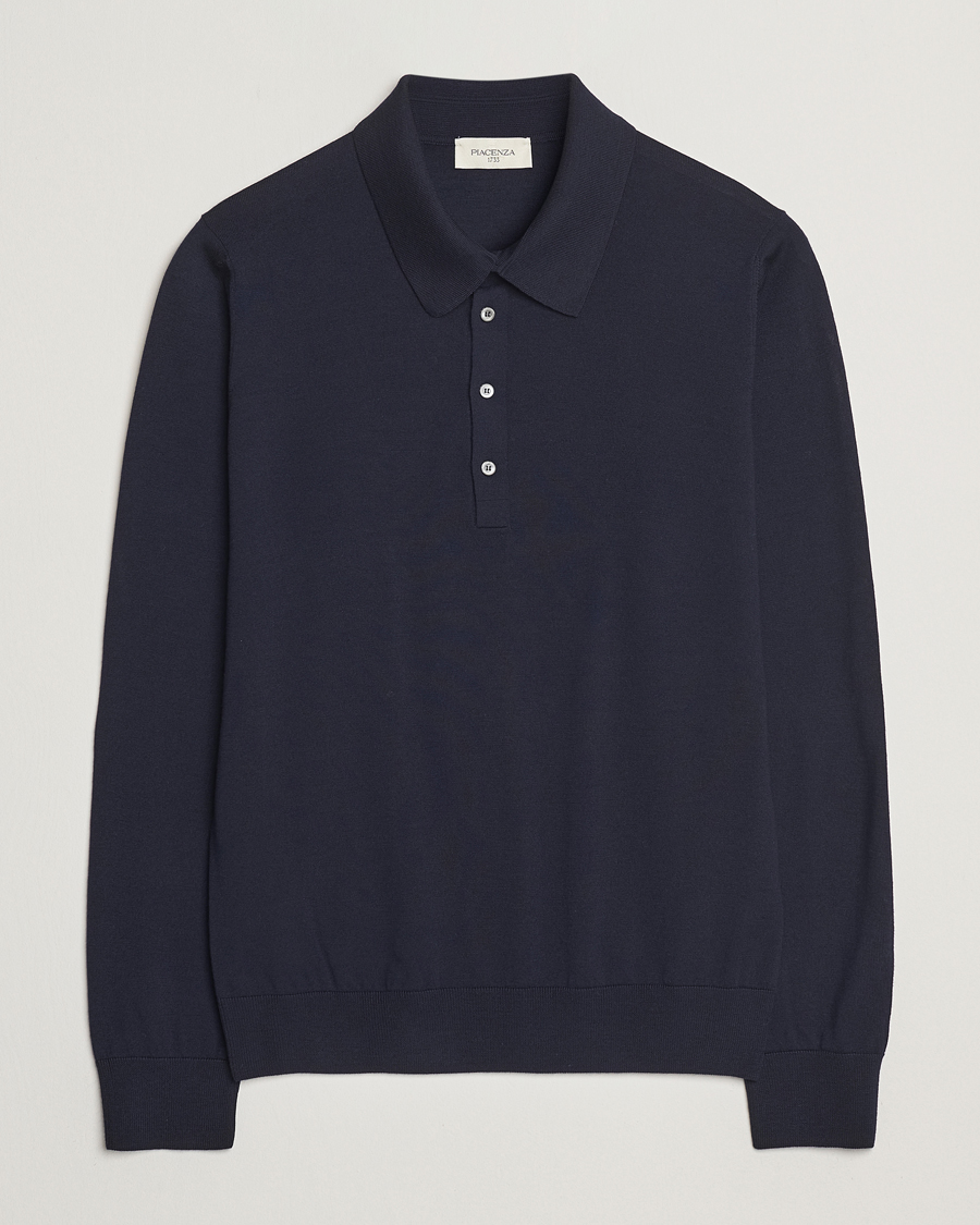 Heren | Truien | Piacenza Cashmere | Merino Wool Long Sleeve Polo Navy