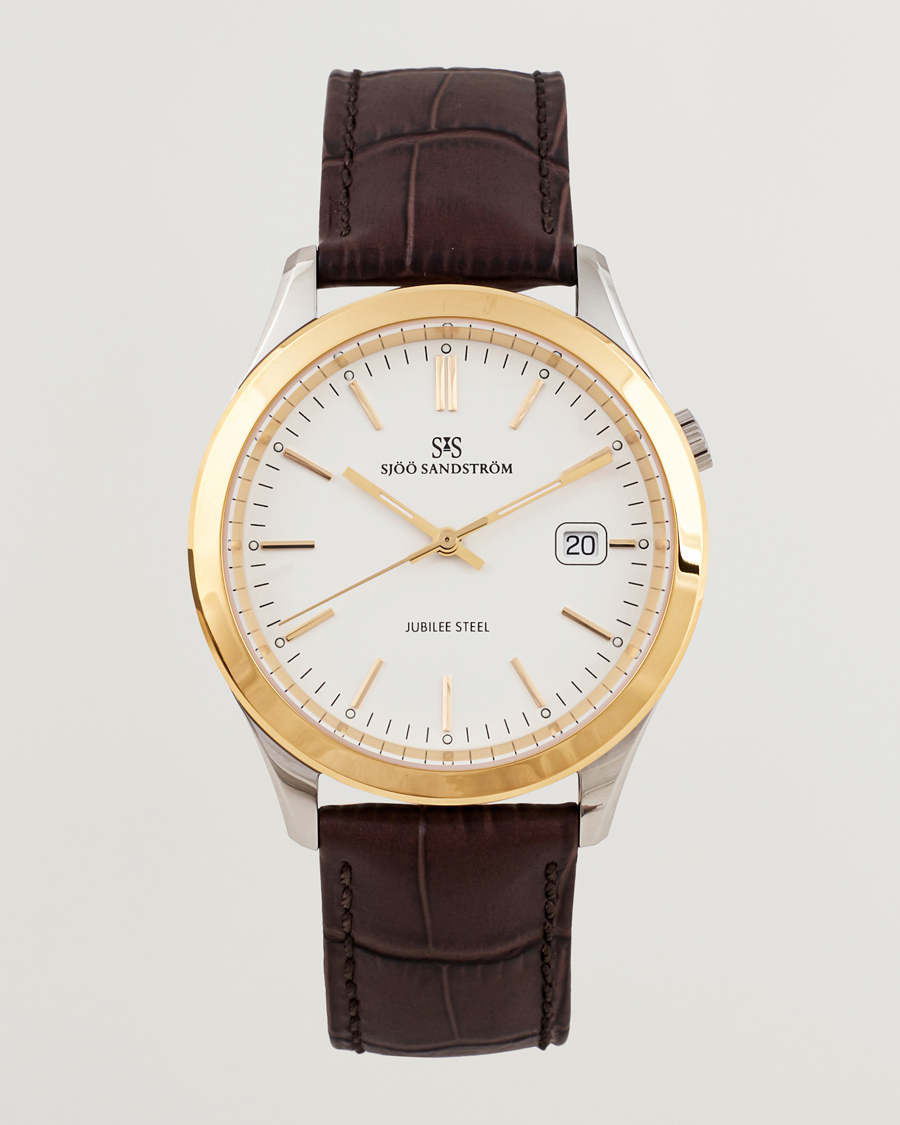 Heren | Sjöö Sandström Jubilee Steel Quartz 40mm Gold Bezel White/Brown Calf | Sjöö Sandström | Jubilee Steel Quartz 40mm Gold Bezel White/Brown Calf