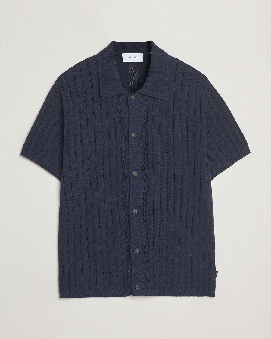 Heren | Overhemden | LES DEUX | Floyd Knitted Linen Short Sleeve Shirt Dark Navy