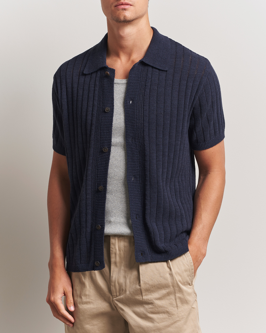 Heren | Overhemden | LES DEUX | Floyd Knitted Linen Short Sleeve Shirt Dark Navy