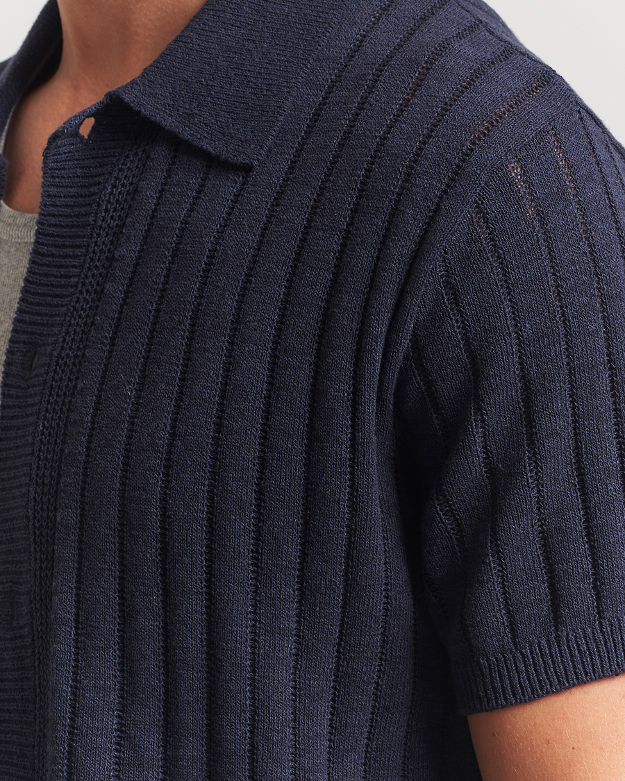 Heren | Overhemden | LES DEUX | Floyd Knitted Linen Short Sleeve Shirt Dark Navy